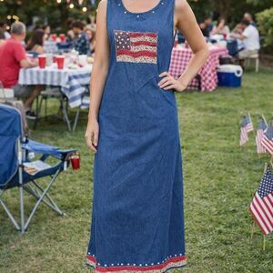 Red White Blue Patchwork Maxi Dress Medium Denim Overall Boho Flag Country
